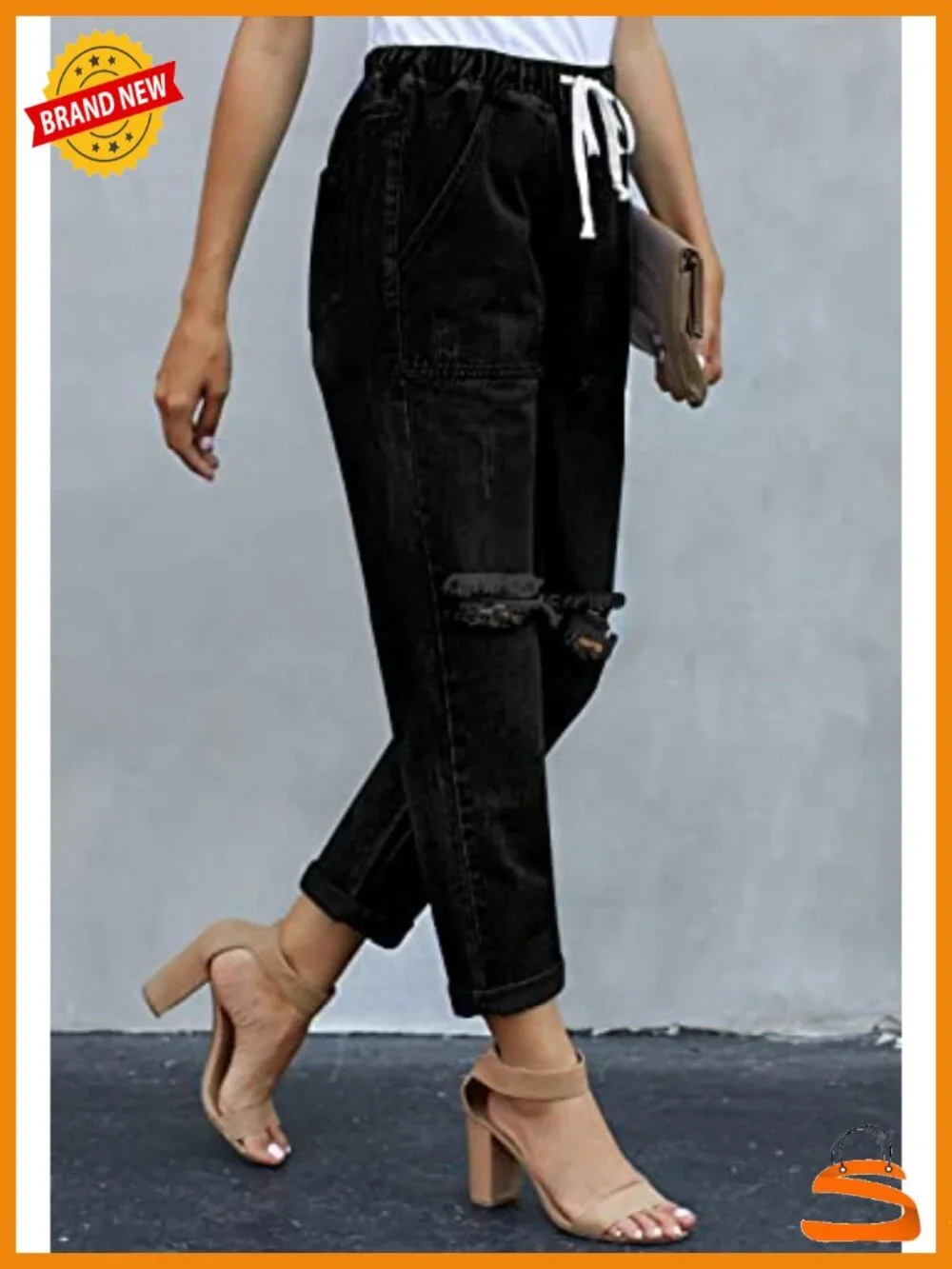 Women's Casual Pull-on Distressed Stretch Denim Joggers Elastic Waist Pants